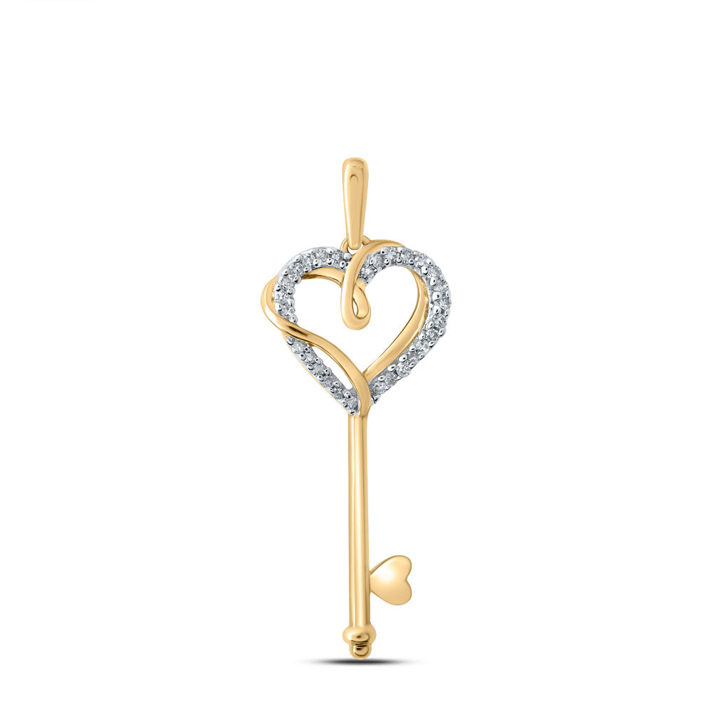 10K Yellow Or White Or Rose Gold Womens Round Diamond Heart Key Pendant