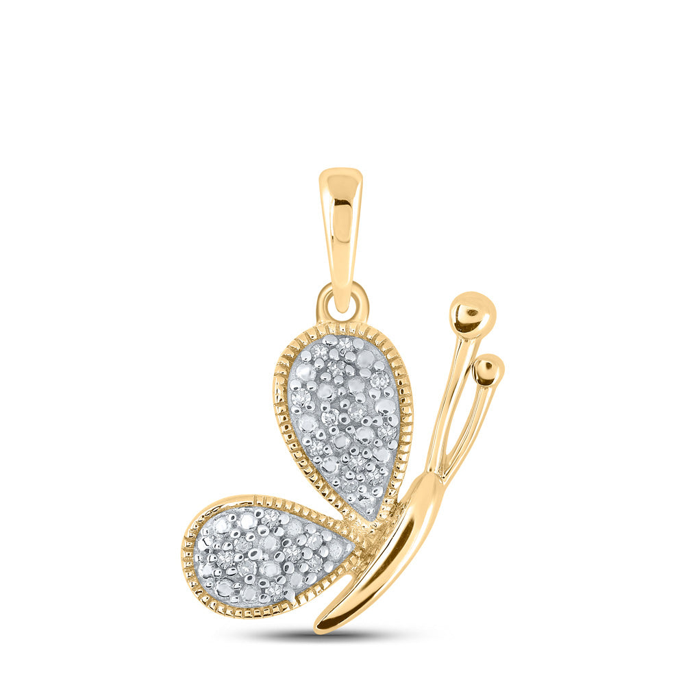 10K Yellow Gold Womens Round Diamond Butterfly Pendant 1/20 Cttw