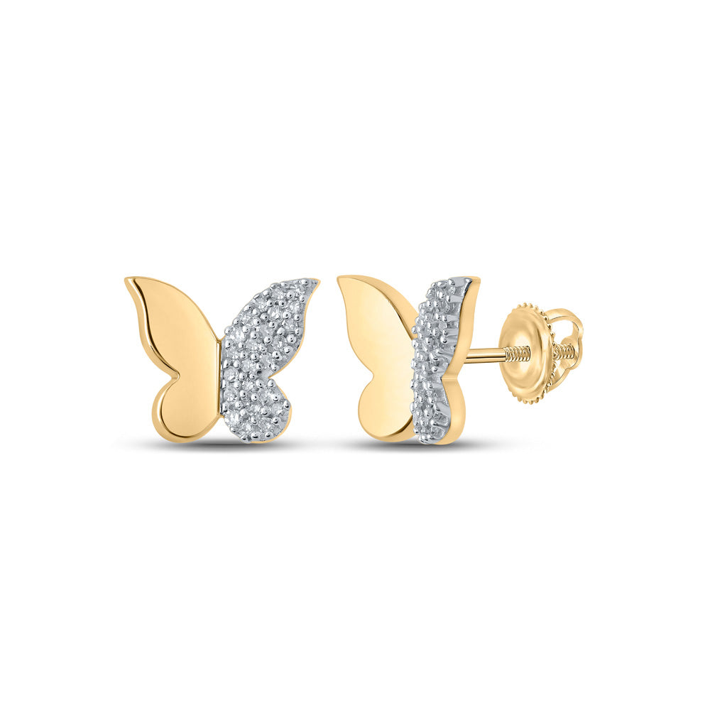 10K Yellow Or White Or Rose Gold Womens Round Diamond Butterfly Earrings
