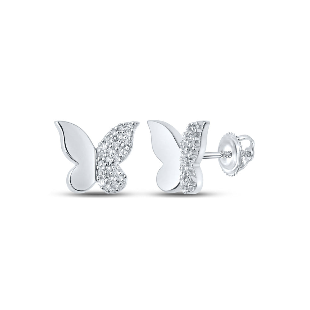 10K Yellow Or White Or Rose Gold Womens Round Diamond Butterfly Earrings