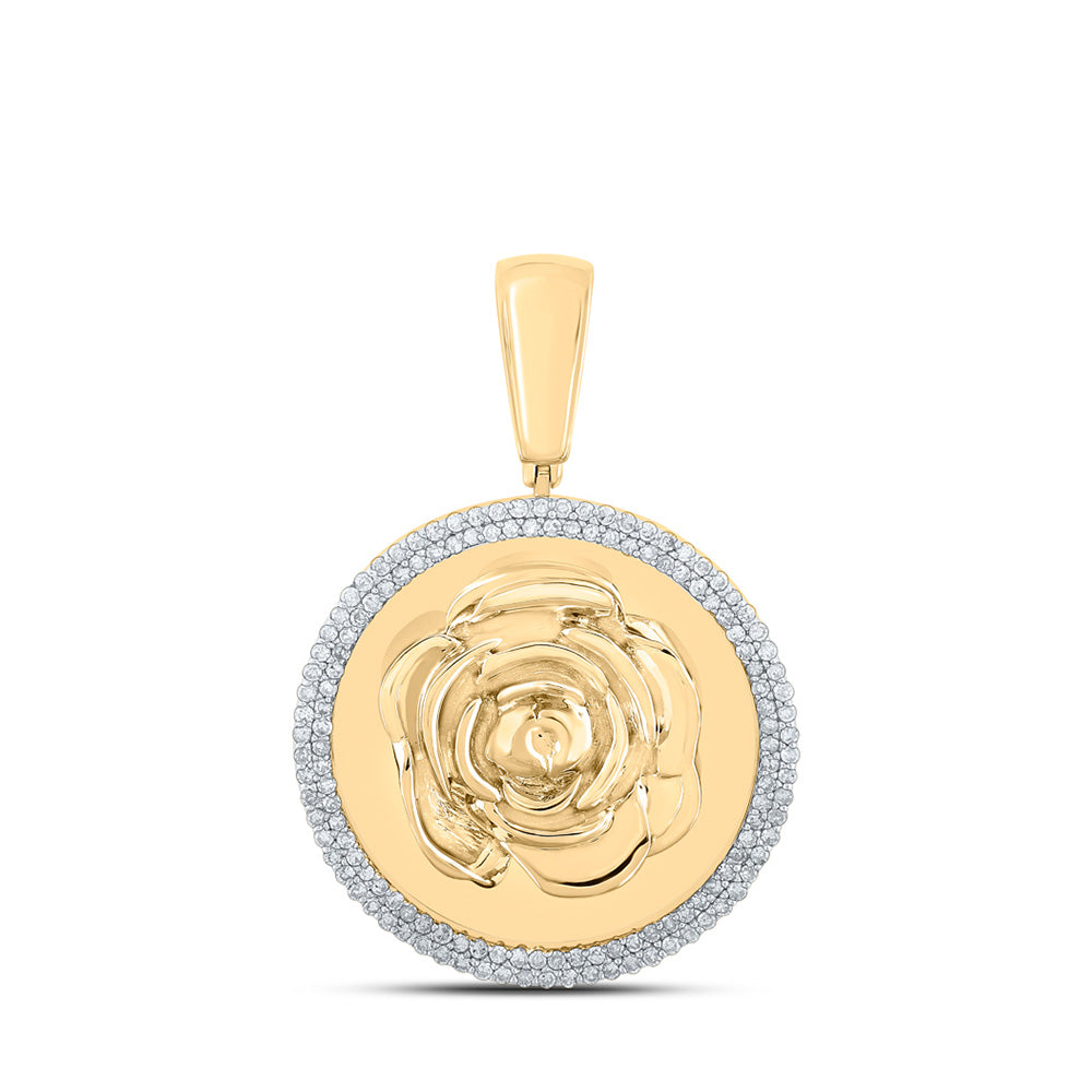 10K Yellow Gold Mens Round Diamond Circle Rose Charm Pendant 1/2 Cttw