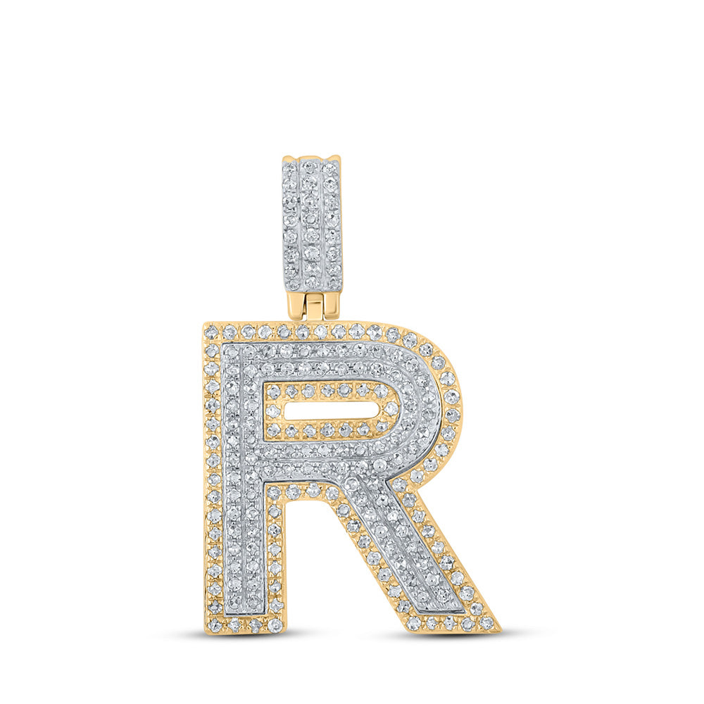10K Two-tone Gold Mens Round Diamond Initial Letter Pendant