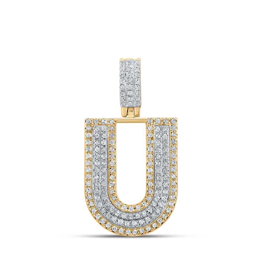 10K Two-tone Gold Mens Round Diamond Initial Letter Pendant