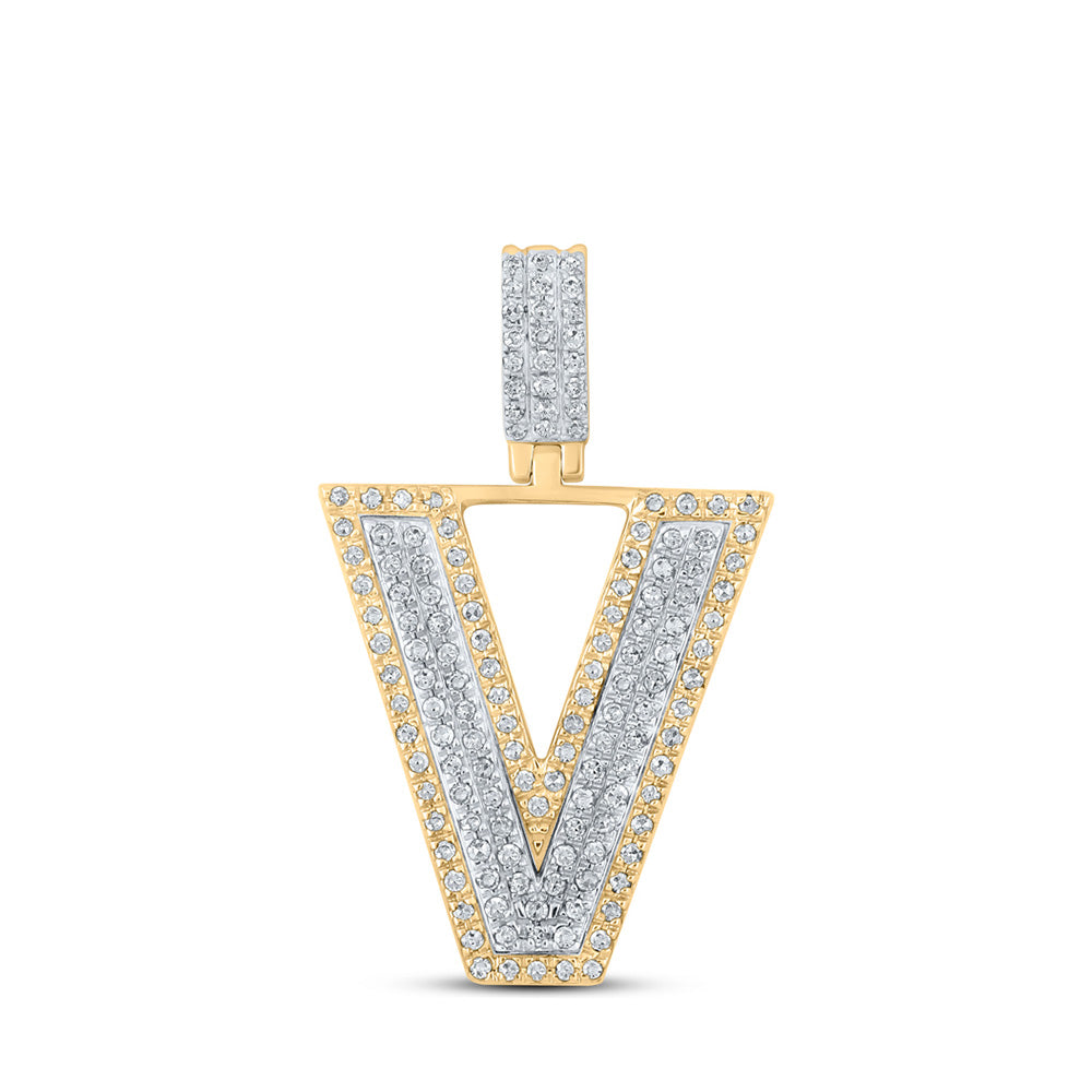 10K Two-tone Gold Mens Round Diamond Initial Letter Pendant