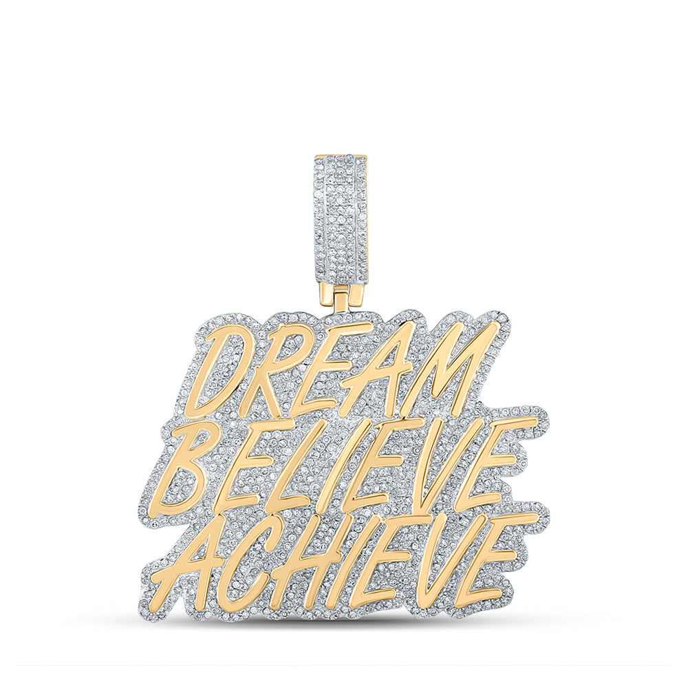10K Yellow Gold Mens Round Diamond Dream Believe Achieve Phrase Charm Pendant 1-3/4 Cttw, Length: 1.91 In, Width: 1.7 In