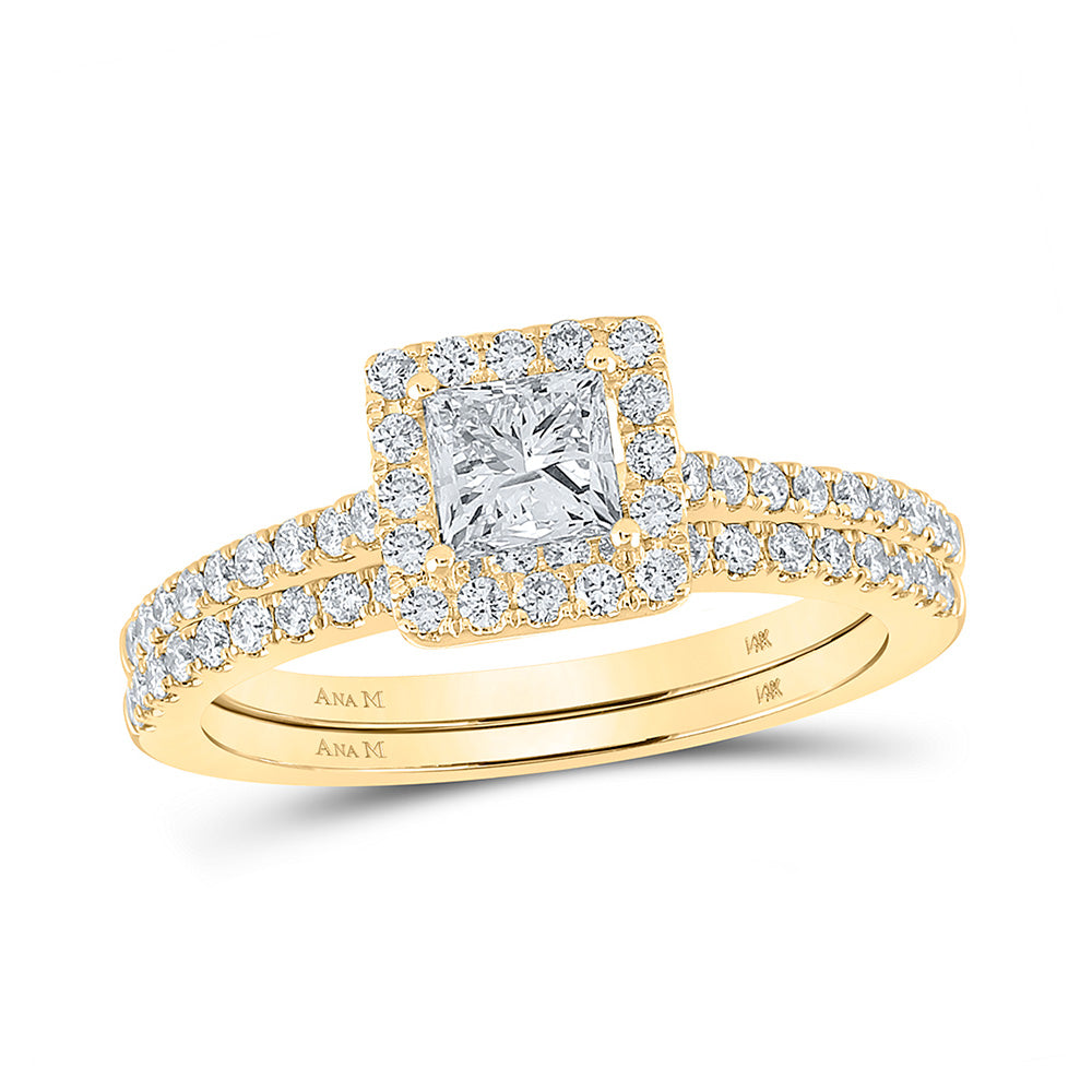 14K Yellow Or White Gold Princess Diamond Halo Bridal Wedding Ring Band Set 1-1/4 Cttw, Womens Size: 5-10