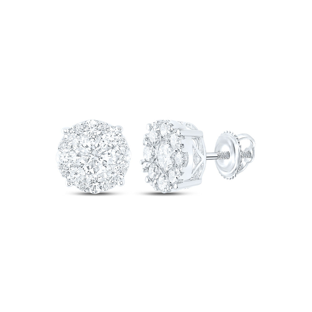 14K White Gold Womens Round Diamond Flower Cluster Earrings 2-1/4 Cttw