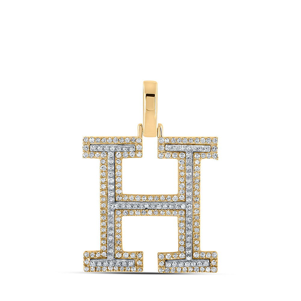 10K Two-tone Gold Mens Round Diamond H Initial Letter Pendant 5/8 Cttw, Length: 1.19 In, Width: 0.61 In