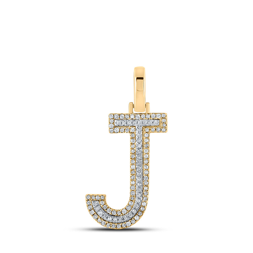 10K Two-tone Gold Mens Round Diamond J Initial Letter Pendant 1/4 Cttw, Length: 1.19 In, Width: 0.61 In