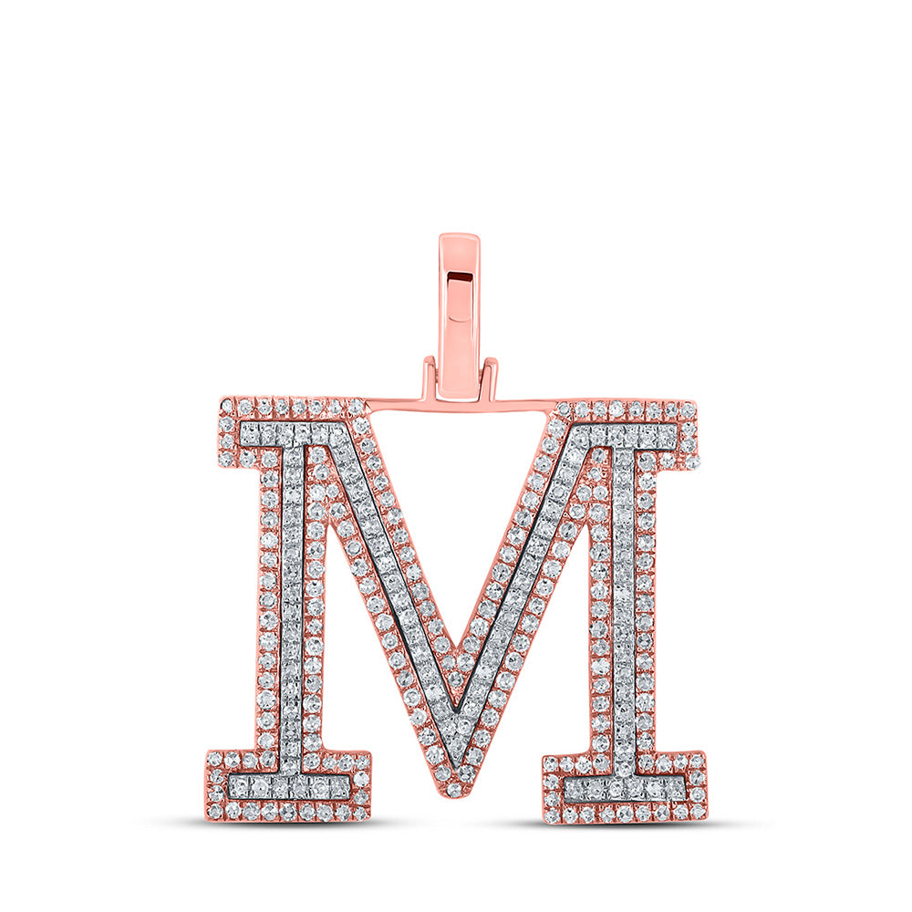 10K Yellow Or Rose Gold Mens Round Diamond M Initial Letter Pendant