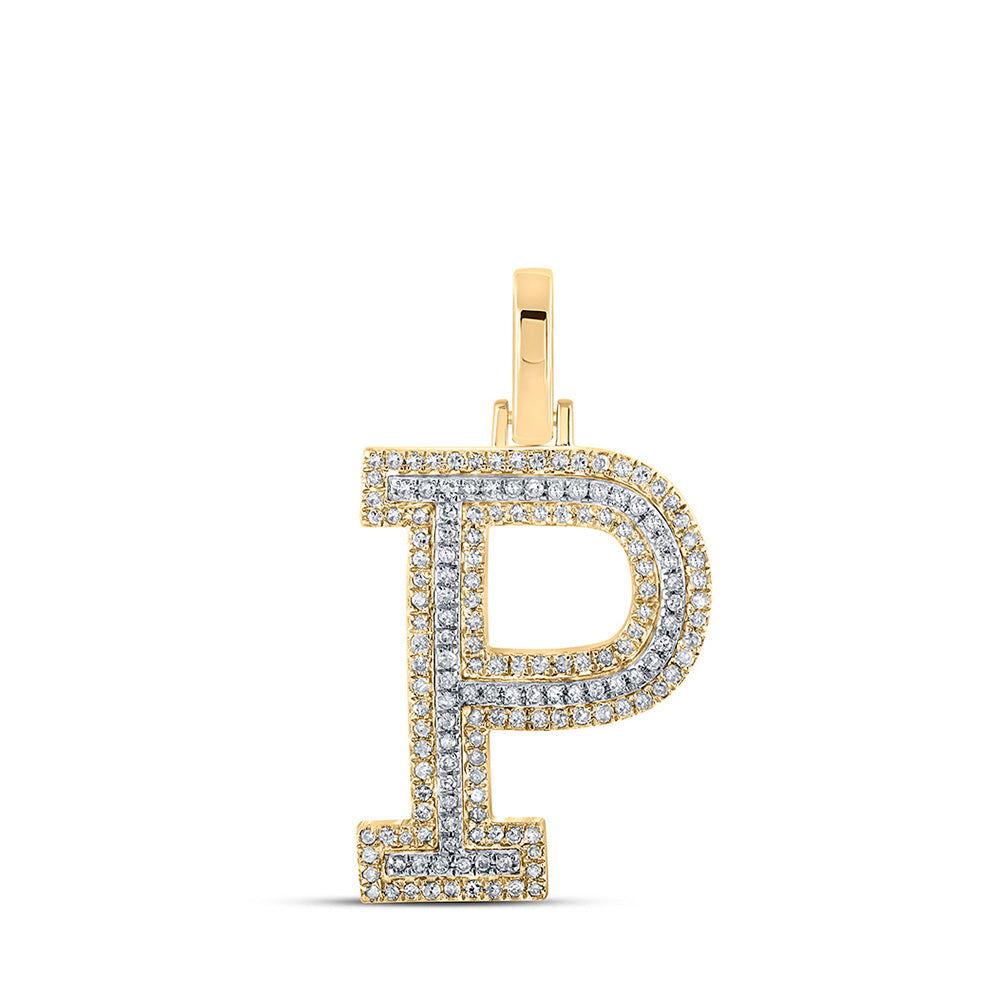 10K Two-tone Gold Mens Round Diamond P Initial Letter Pendant 3/8 Cttw, Length: 1.19 In, Width: 0.61 In