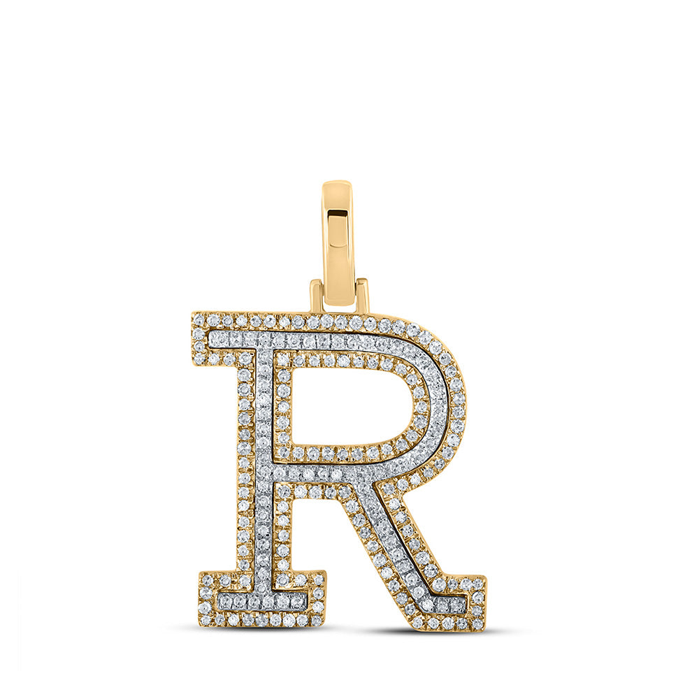 10K Two-tone Gold Mens Round Diamond R Initial Letter Pendant 1/2 Cttw, Length: 1.19 In, Width: 0.61 In
