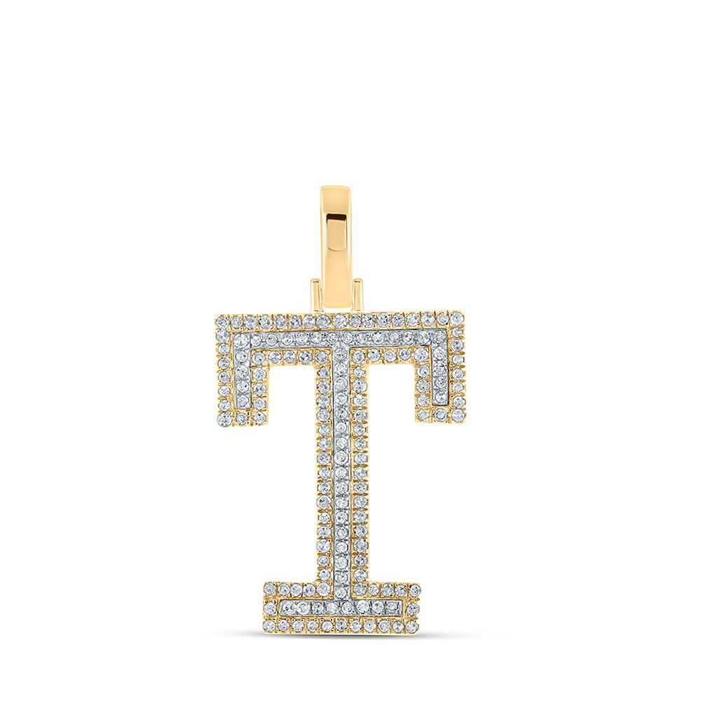 10K Two-tone Gold Mens Round Diamond T Initial Letter Pendant 3/8 Cttw, Length: 1.19 In, Width: 0.61 In