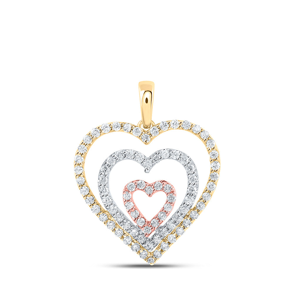 10K Tri-Tone Gold Womens Round Diamond Triple Nested Heart Pendant 1/2 Cttw