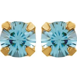 24K Yellow Gold-Plated Stainless Steel Round Imitation Aquamarine Pair 4-Prong Polished Inverness Birthstone Piercing Earrings