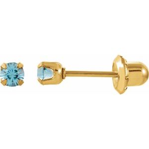 24K Yellow Gold-Plated Stainless Steel Round Imitation Aquamarine Pair 4-Prong Polished Inverness Birthstone Piercing Earrings