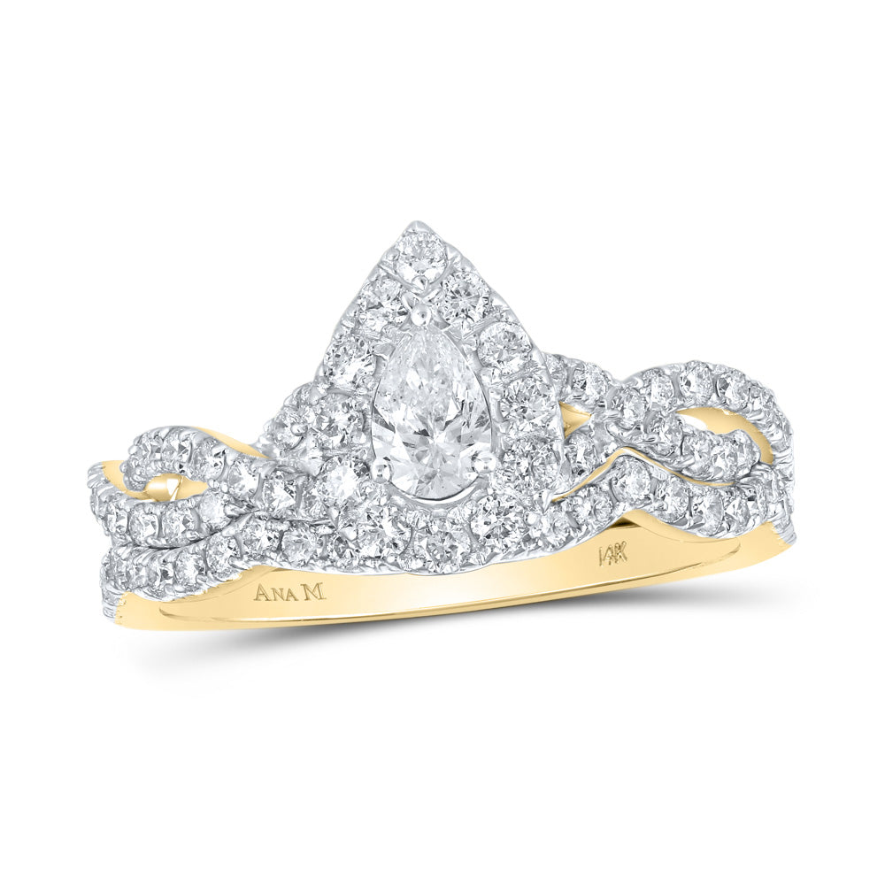 14K Yellow Gold Pear Diamond Halo Twist Bridal Wedding Ring Band Set 1 Cttw, Womens Size: 5-10