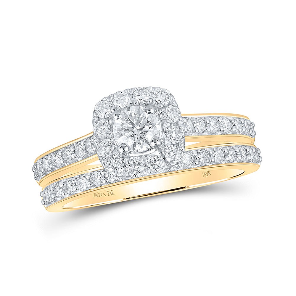 14K Yellow Gold Round Diamond Halo Bridal Wedding Ring Band Set 1 Cttw, Womens Size: 5-10