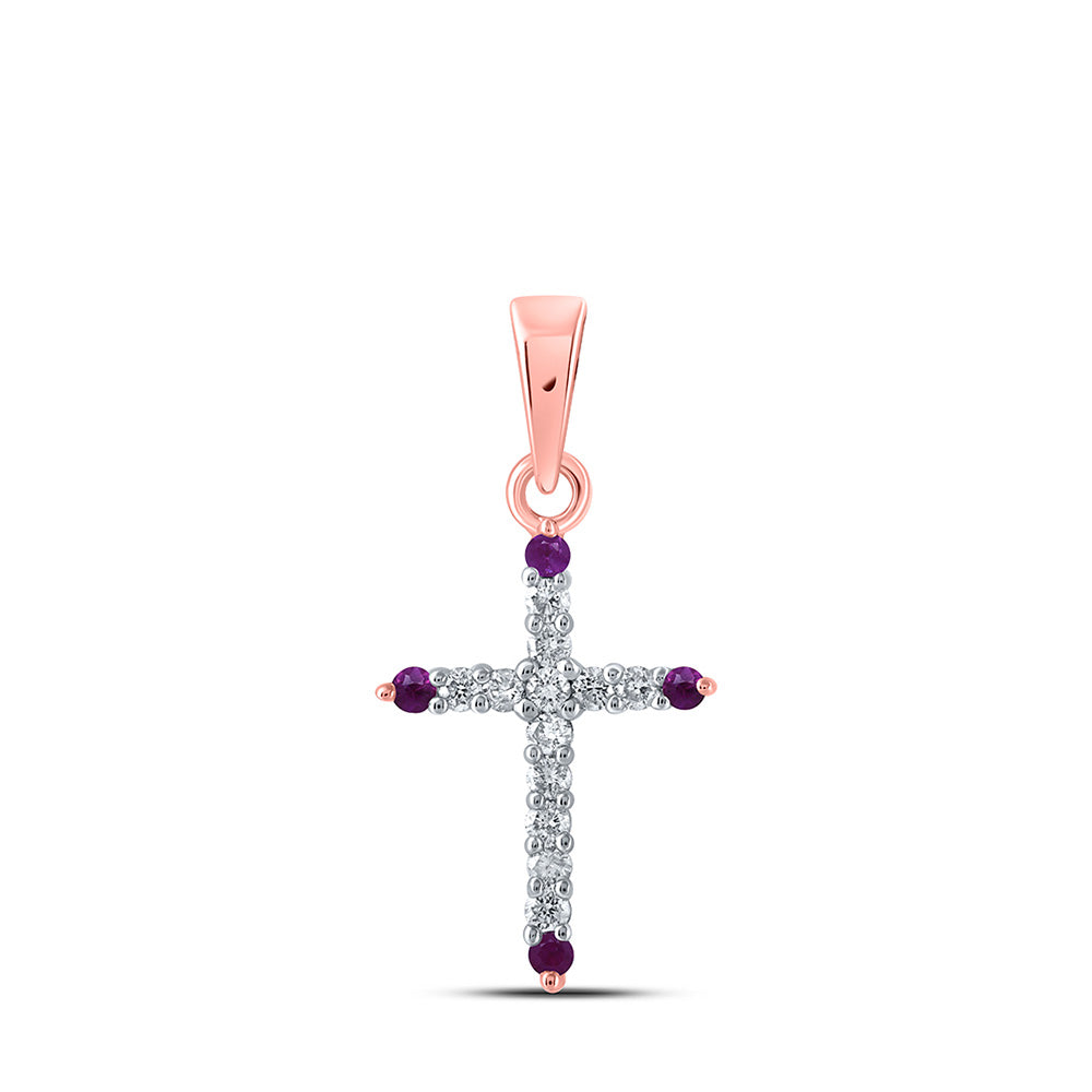 10K Rose Gold Womens Round Ruby Diamond Cross Pendant 1/5 Cttw, Length: 0.84 In, Width: 0.38 In
