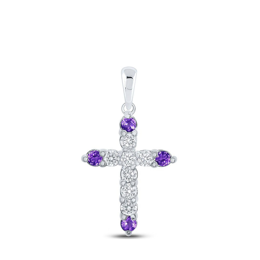 10K White Gold Womens Round Synthetic Amethyst Cross Pendant 1/2 Cttw