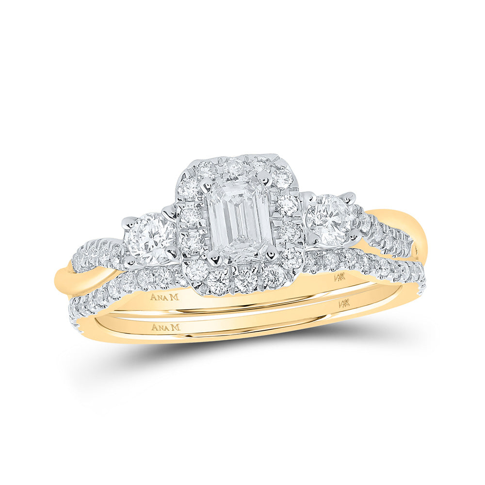 14K Yellow Gold Emerald Diamond Halo Bridal Wedding Ring Band Set 3/4 Cttw, Womens Size: 5-10