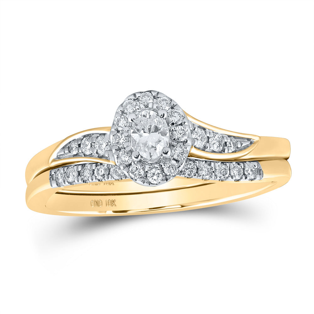 10K Yellow Or White Or Rose Gold Oval Diamond Halo Bridal Wedding Ring Band Set , Womens Size: 5-10
