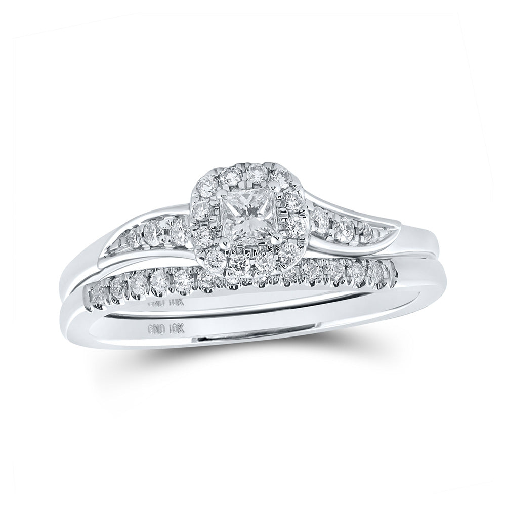 10K Yellow Or White Or Rose Gold Princess Diamond Halo Bridal Wedding Ring Band Set , Womens Size: 5-10