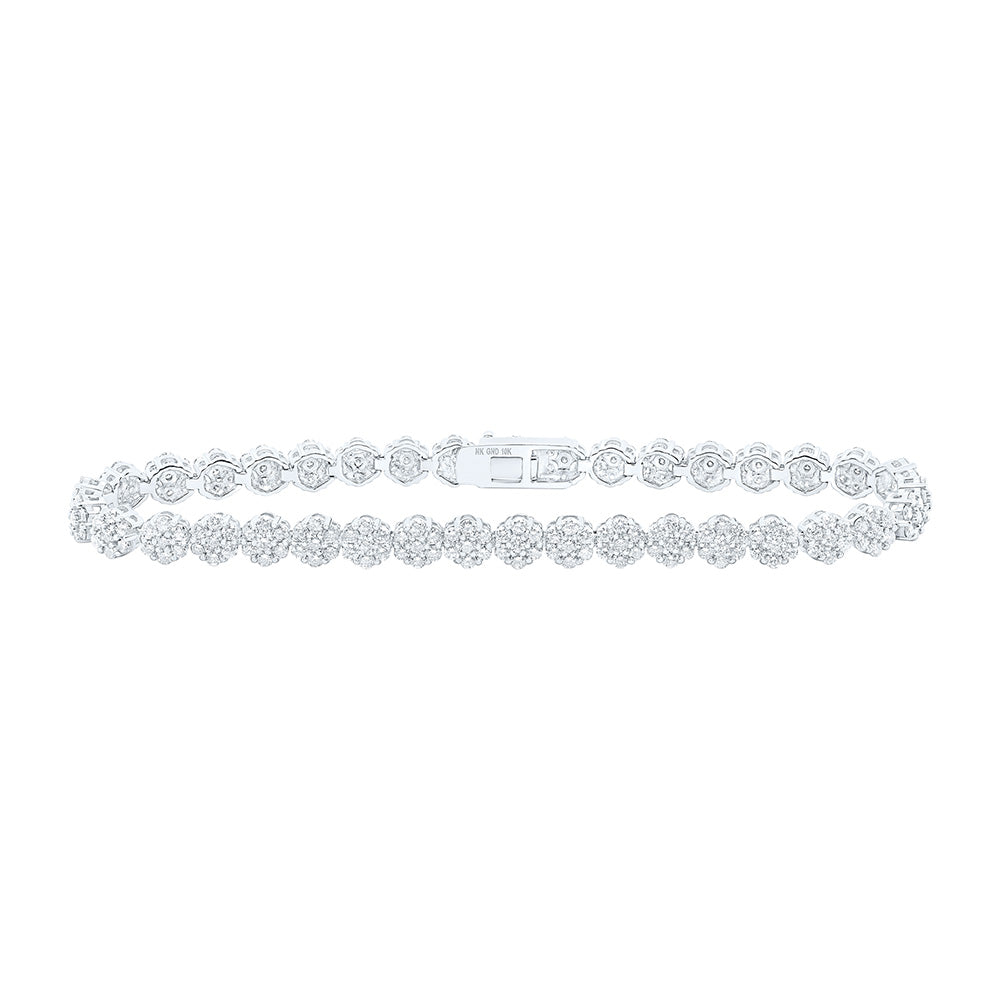 10K White Gold Womens Round Diamond Cluster Link Fashion Bracelet 4-3/8 Cttw