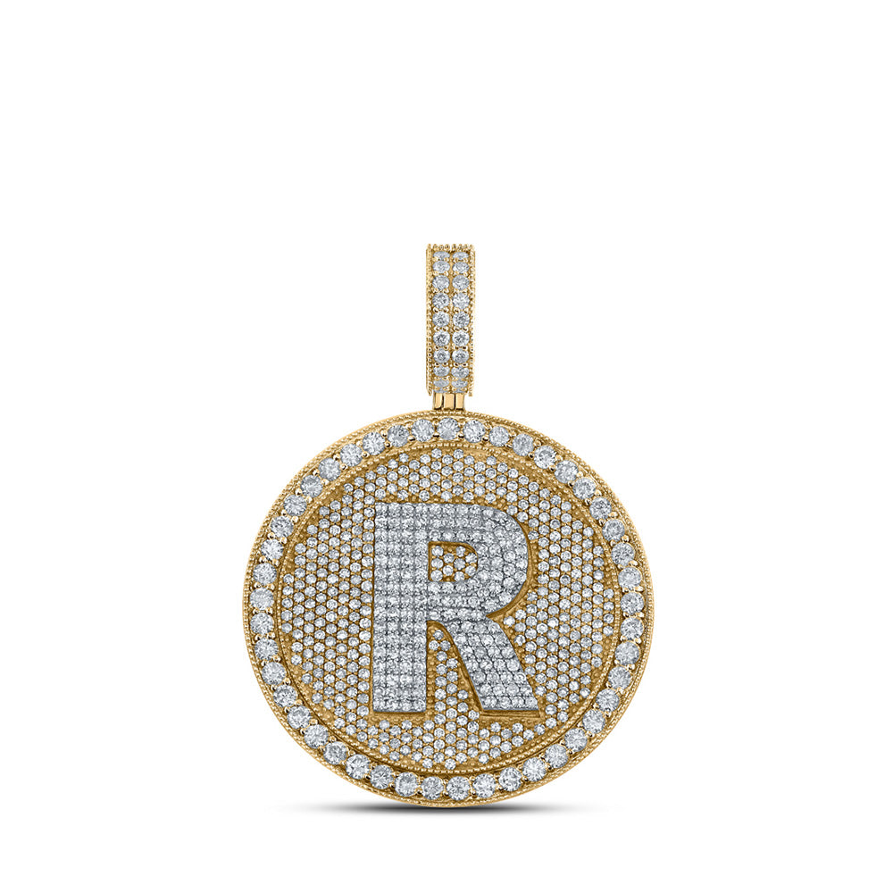 10K Two-tone Gold Mens Round Diamond Initial Letter Charm Pendant
