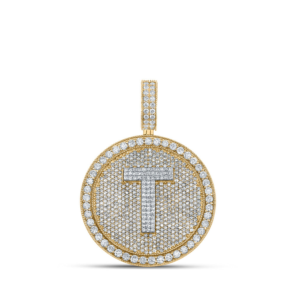 10K Two-tone Gold Mens Round Diamond Initial Letter Charm Pendant