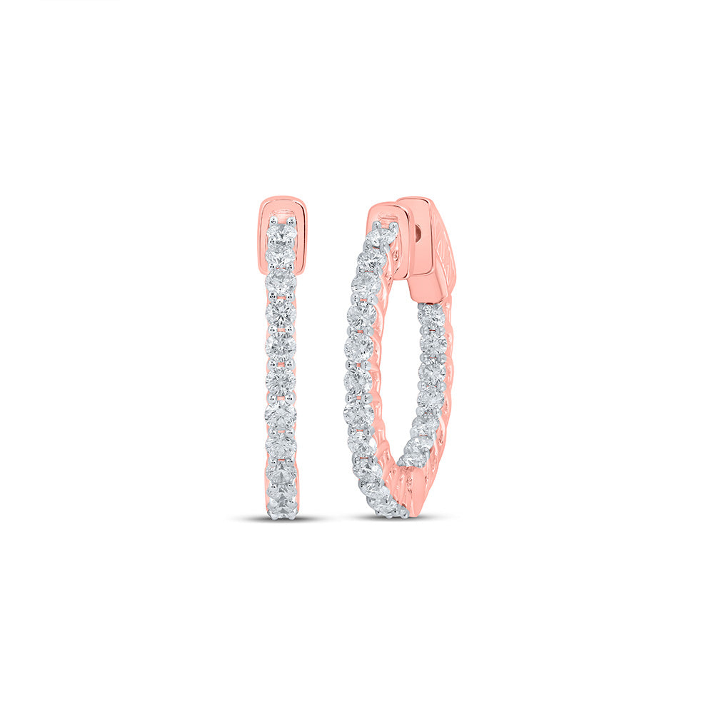 14K Rose Gold Womens Round Diamond Inside Outside Hoop Earrings 2 Cttw