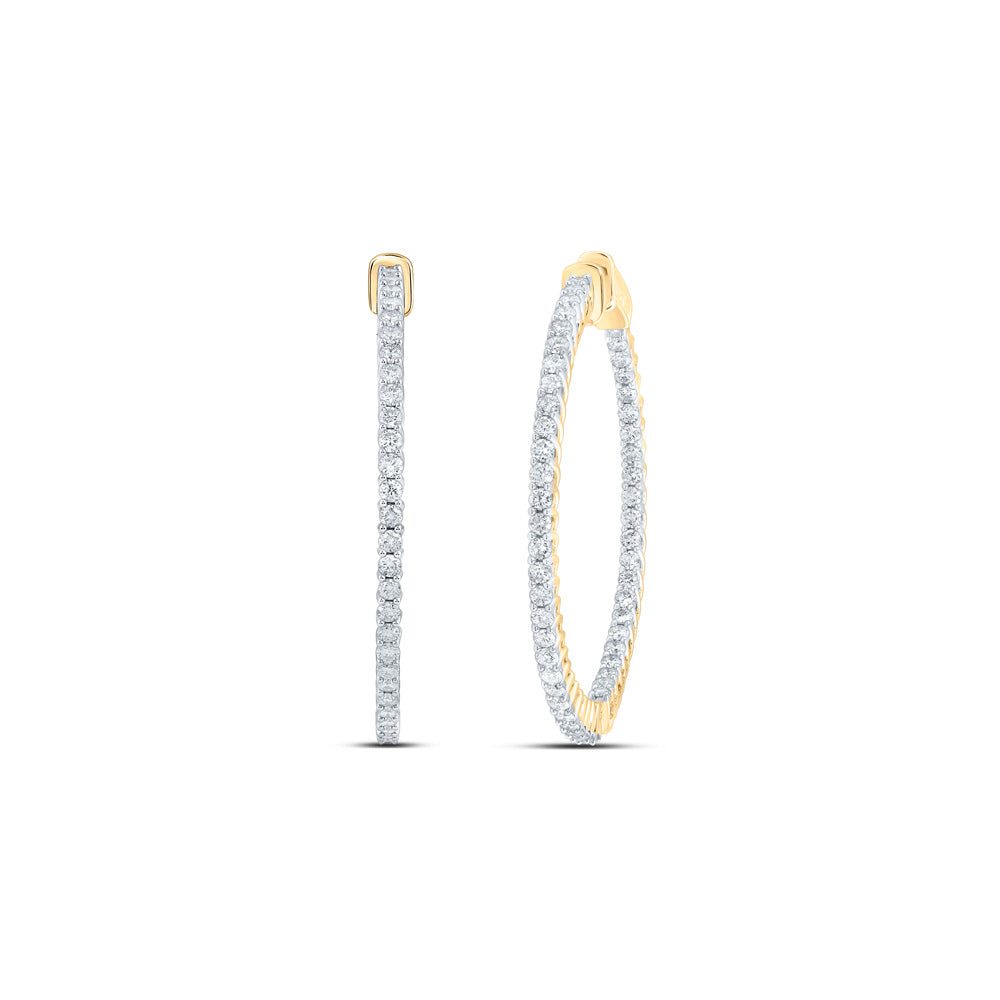 14K Yellow Gold Womens Round Diamond Slender In Out Hoop Earrings 2 Cttw