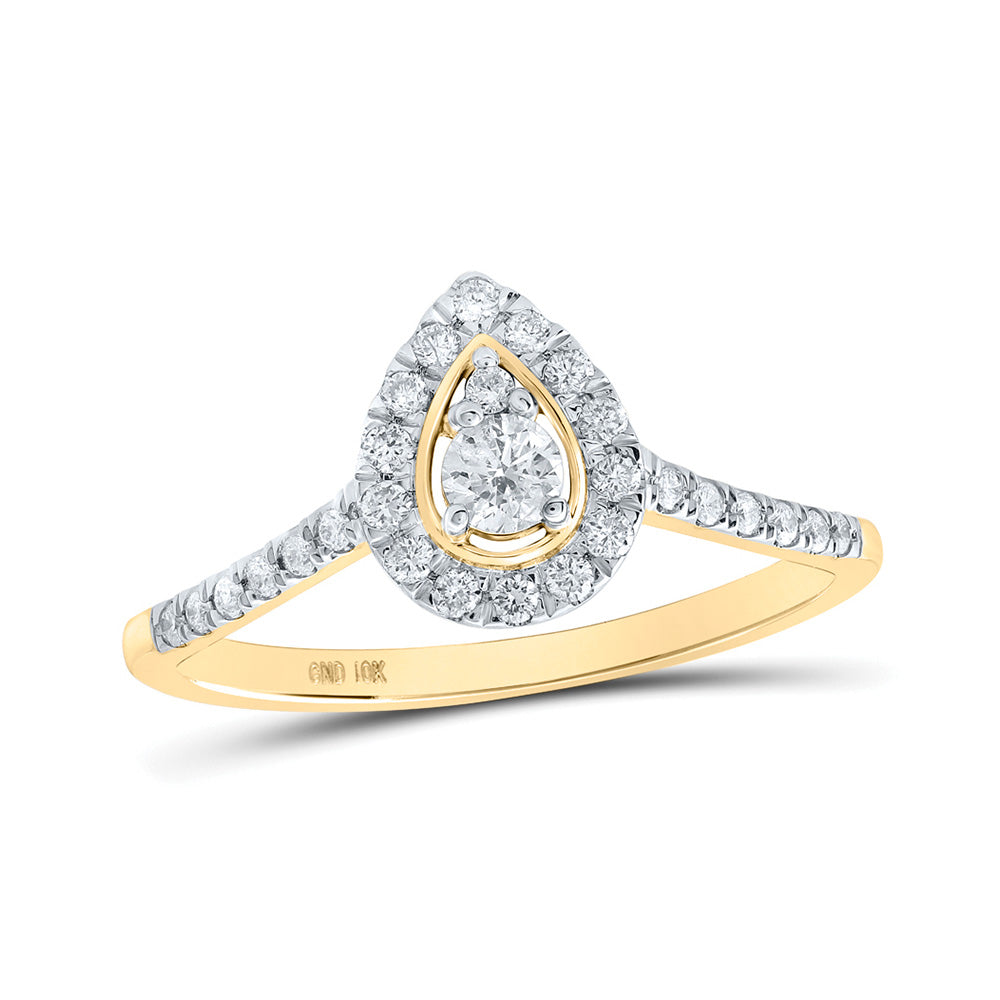 10K Yellow Gold Womens Round Diamond Pear-shape Halo Ring 1/3 Cttw, Womens Size: 5-10