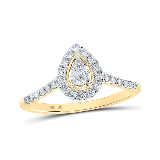 10K Yellow Gold Womens Round Diamond Pear-shape Halo Ring 1/3 Cttw, Womens Size: 5-10