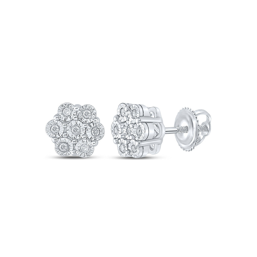 Sterling Silver Womens Round Diamond Cluster Earrings 1/10 Cttw, Length: 0.26 In, Width: 0.26 In