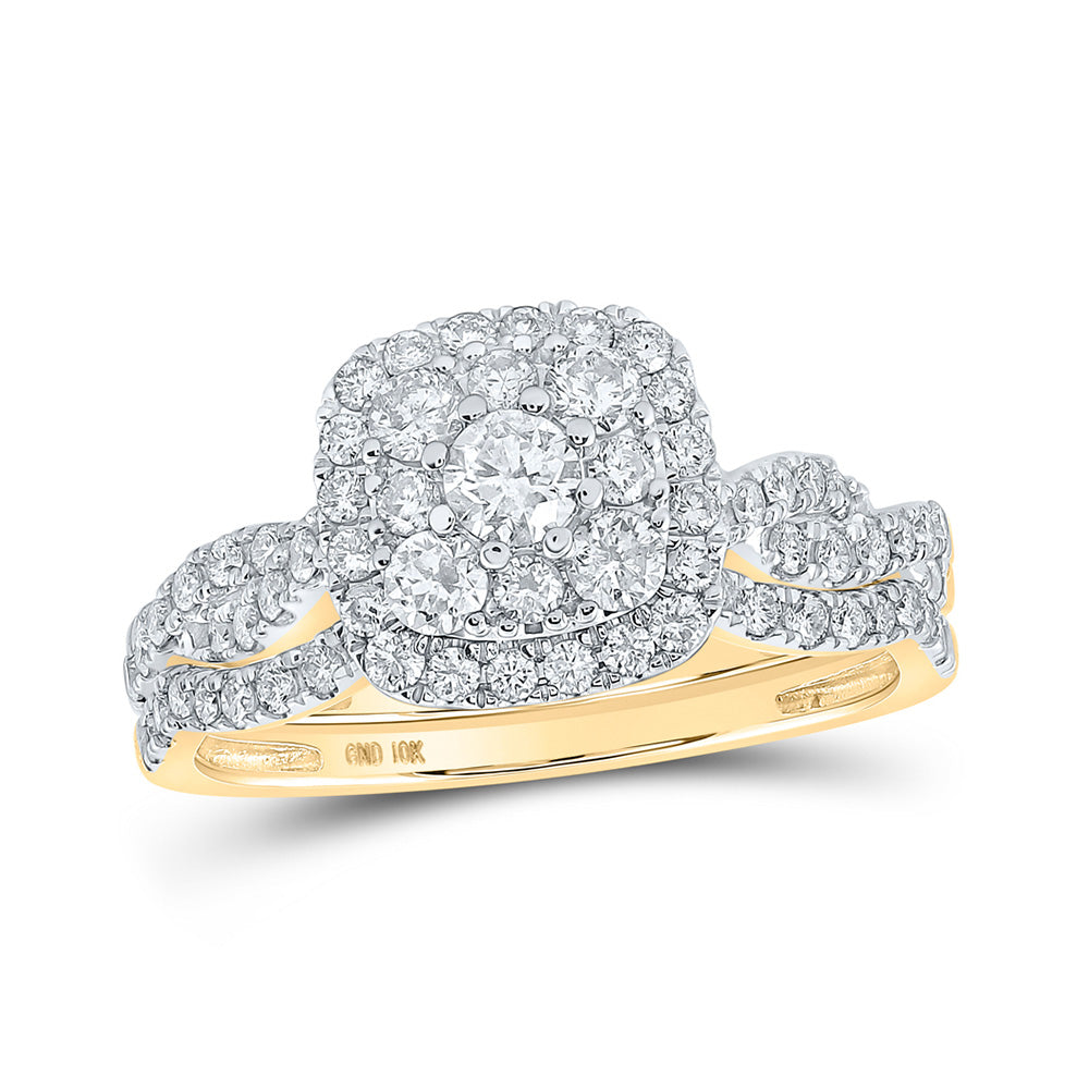 10K Yellow Or Rose Gold Round Diamond Square Halo Bridal Wedding Ring Band Set , Womens Size: 5-10