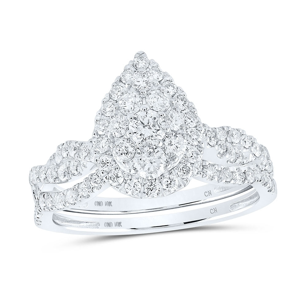 10K White Gold Round Diamond Teardrop Bridal Wedding Ring Band Set 1 Cttw, Womens Size: 5-10
