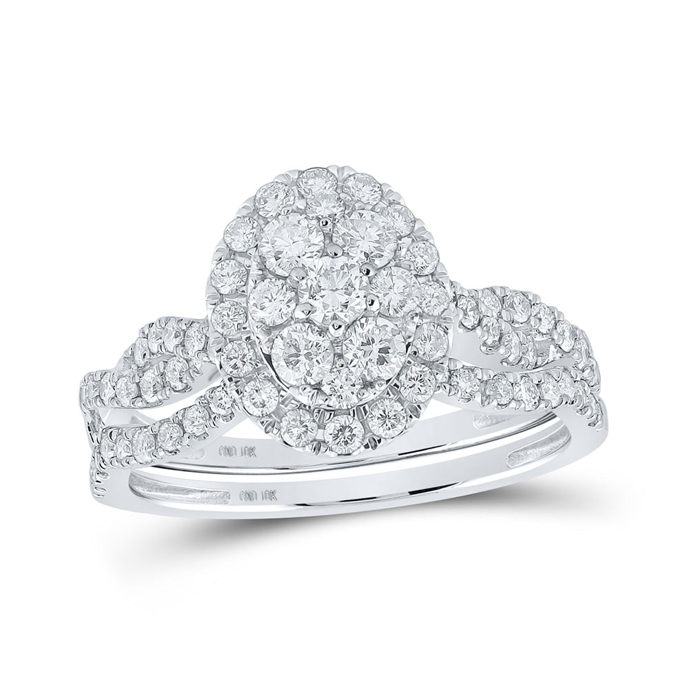 10K White Gold Round Diamond Oval Cluster Bridal Wedding Ring Band Set 1-1/2 Cttw, Womens Size: 5-10