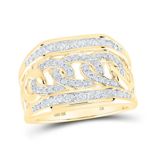 10K Yellow Gold Mens Round Diamond Curb Cuban Link Ring 1 Cttw, Mens Size: 7-13