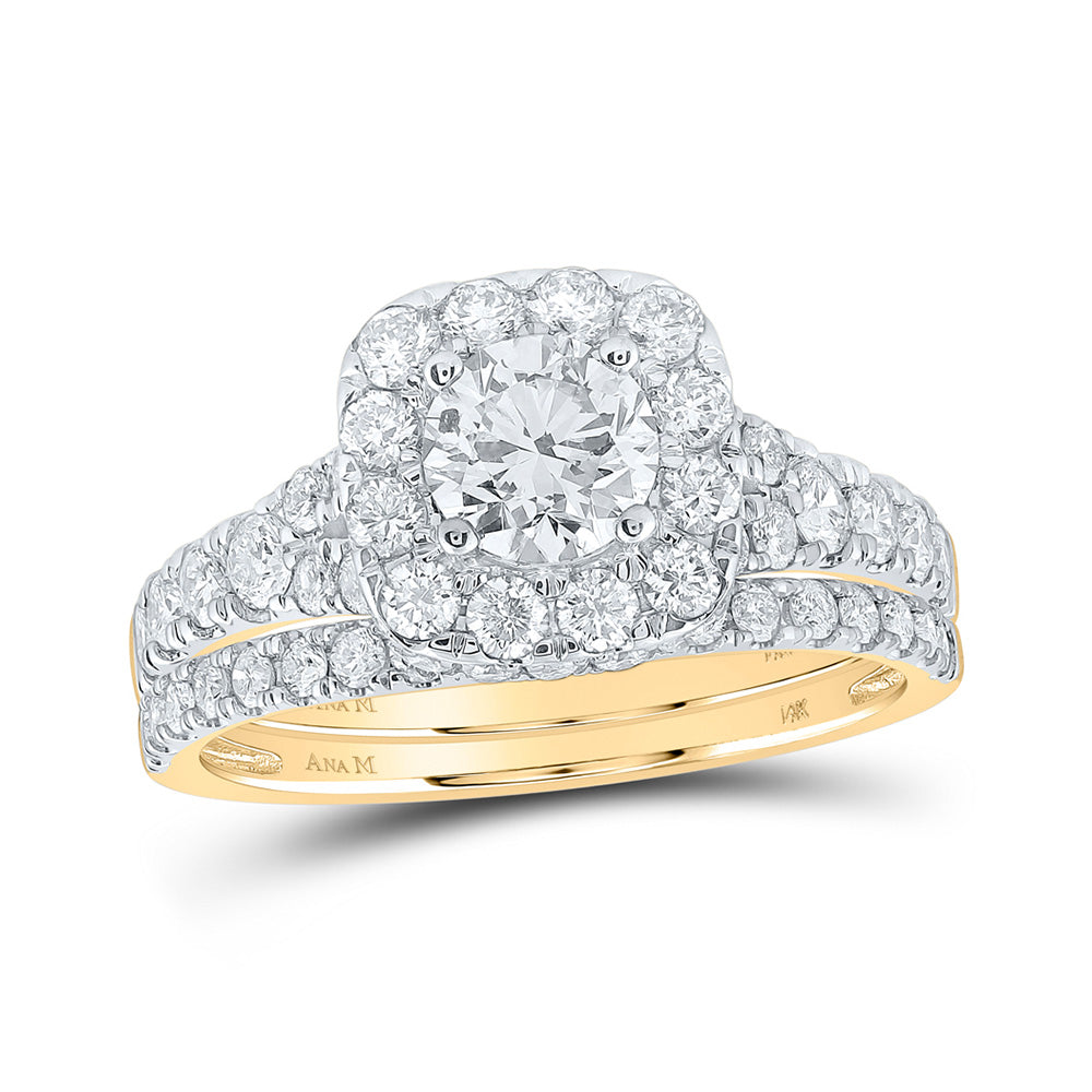 14K Yellow Gold Round Diamond Halo Bridal Wedding Ring Band Set 2 Cttw, Womens Size: 5-10