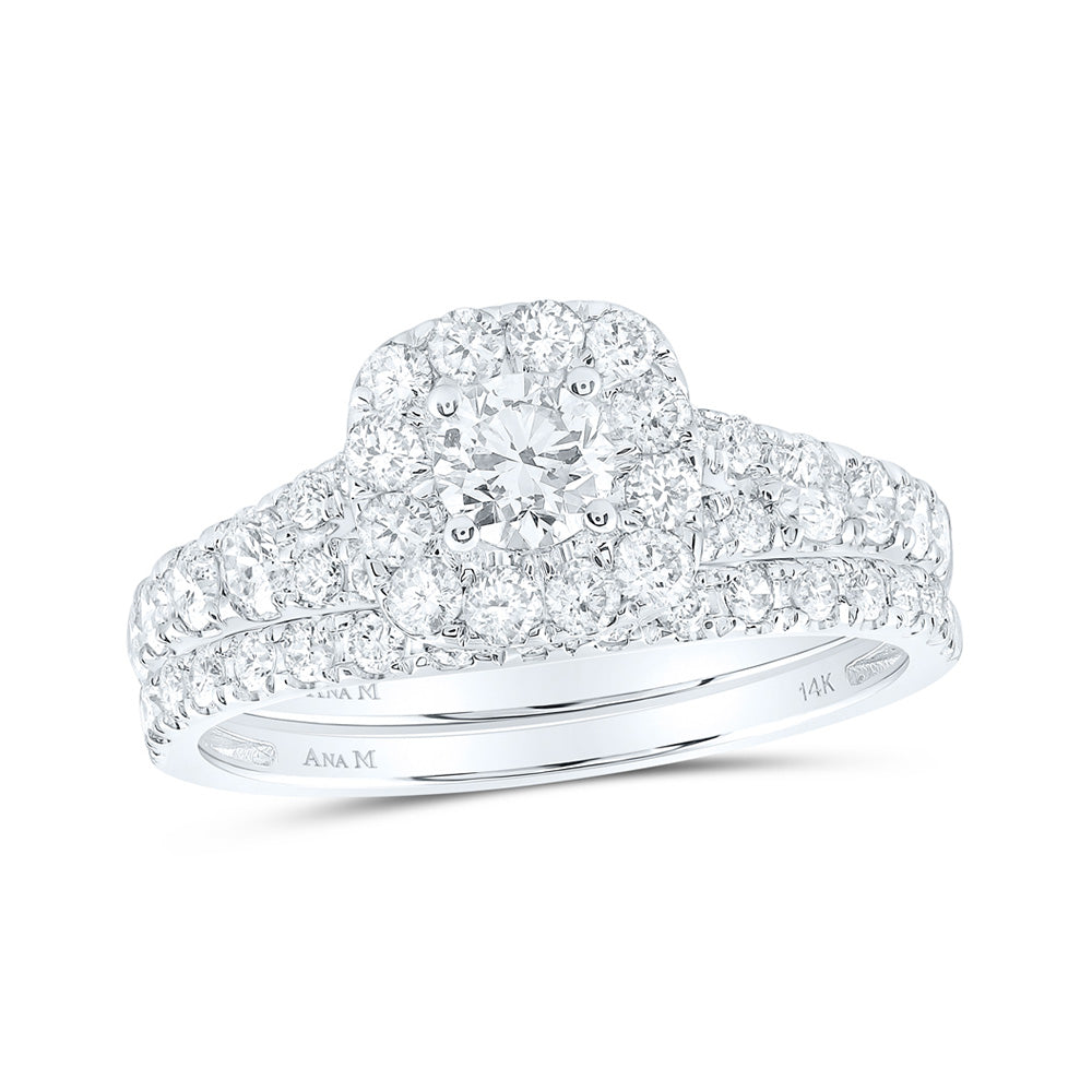 14K White Gold Round Diamond Halo Bridal Wedding Ring Band Set 1-1/2 Cttw, Womens Size: 5-10
