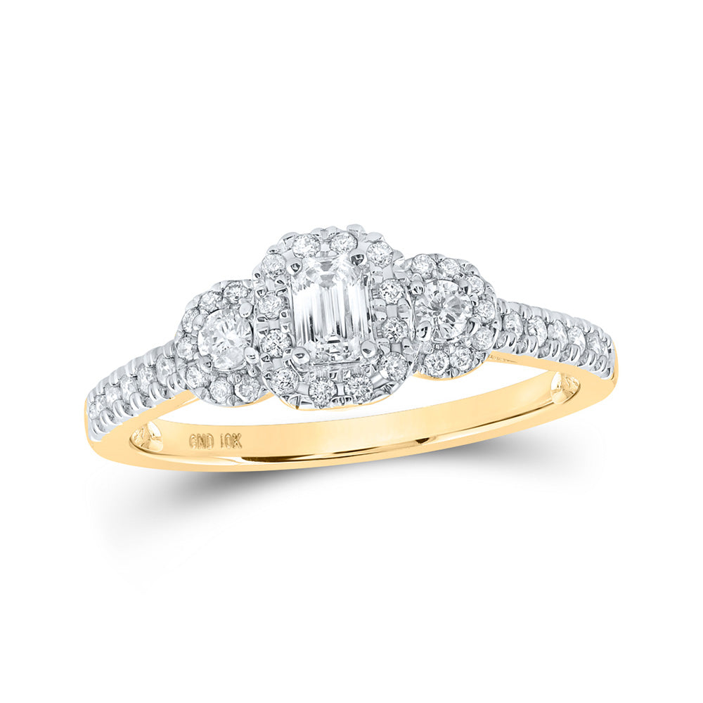 10K White Or Yellow Gold Emerald Diamond 3-stone Bridal Wedding Engagement Ring , Womens Size: 5-10