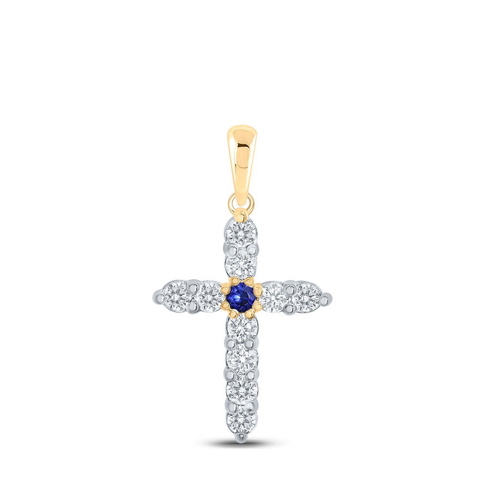 10K Yellow Gold Womens Round Blue Sapphire Diamond Cross Pendant 1/2 Cttw, Length: 1 In, Width: 0.53 In