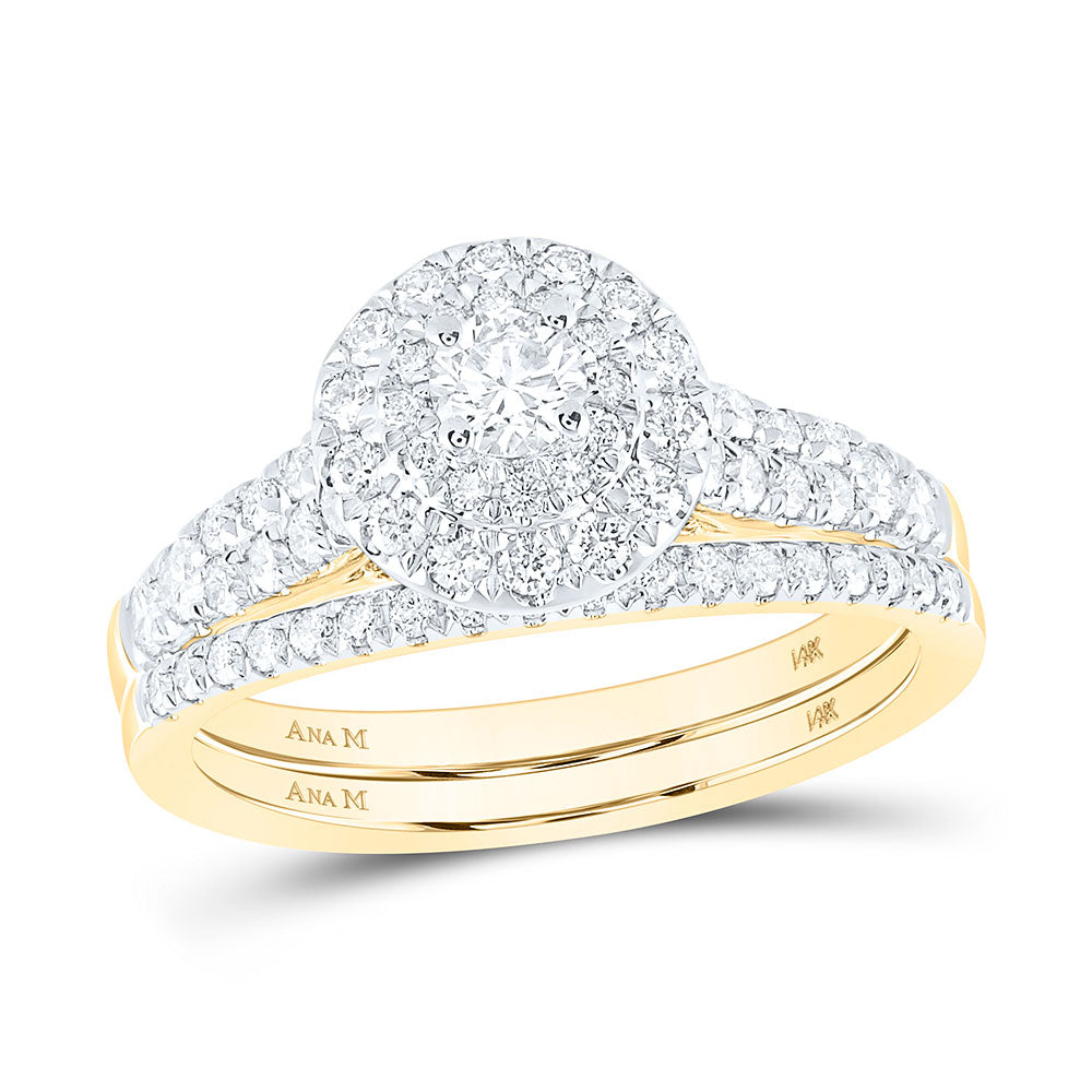 14K Yellow Gold Round Diamond Halo Bridal Wedding Ring Band Set 1 Cttw, Womens Size: 5-10