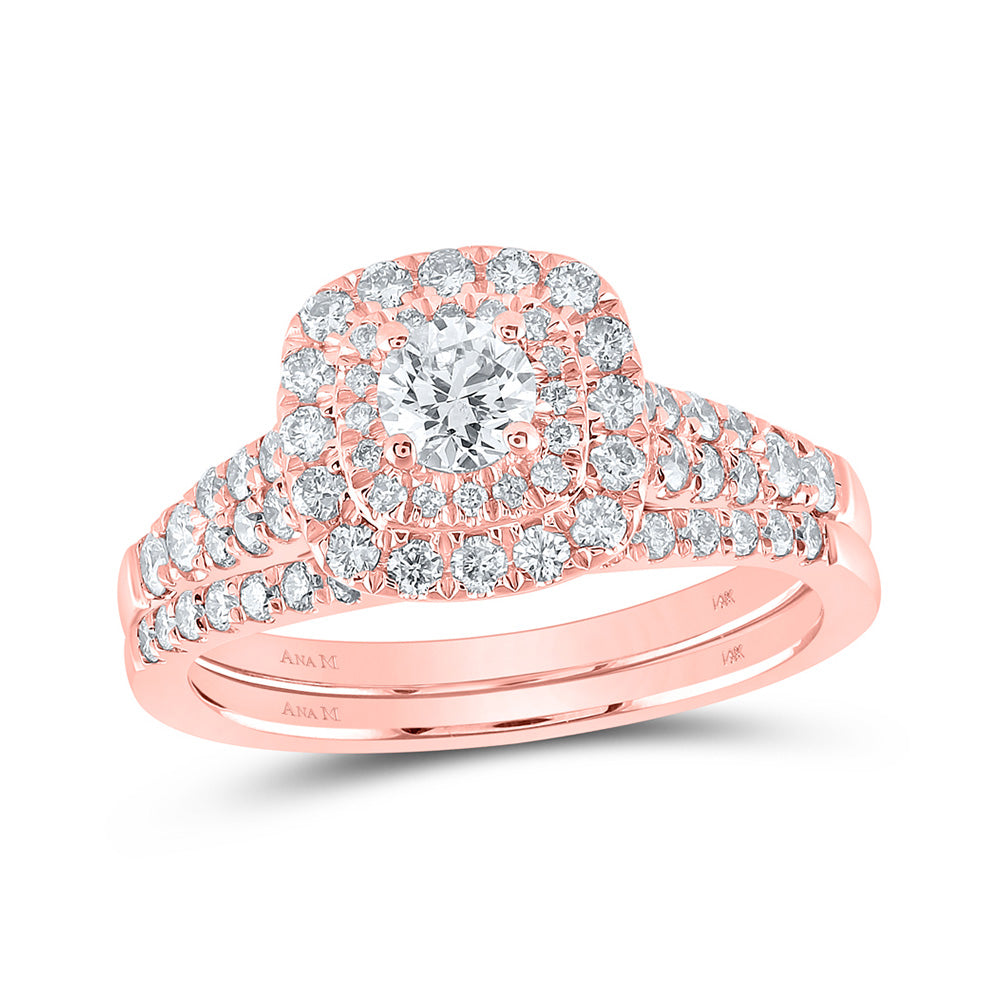 14K Rose Or Yellow Gold Round Diamond Halo Bridal Wedding Ring Band Set , Womens Size: 5-10