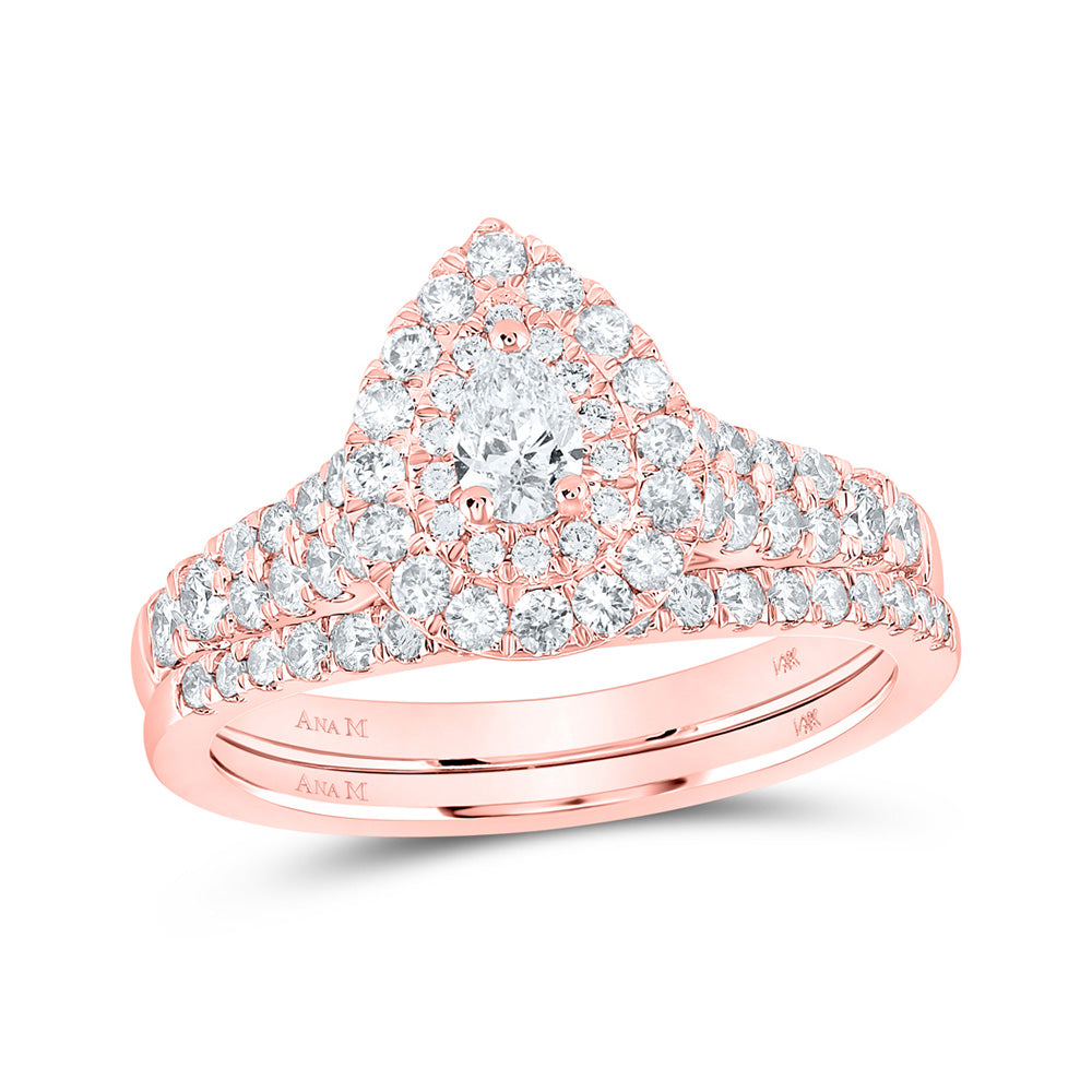 14K Rose Or Yellow Gold Pear Diamond Halo Bridal Wedding Ring Band Set , Womens Size: 5-10