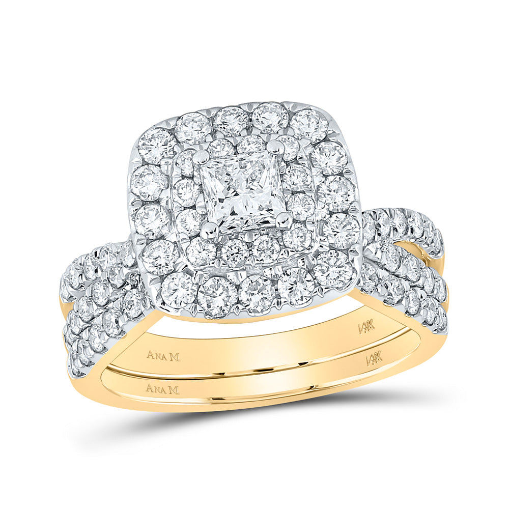 14K Yellow Gold Princess Diamond Halo Bridal Wedding Ring Band Set 2 Cttw, Womens Size: 5-10