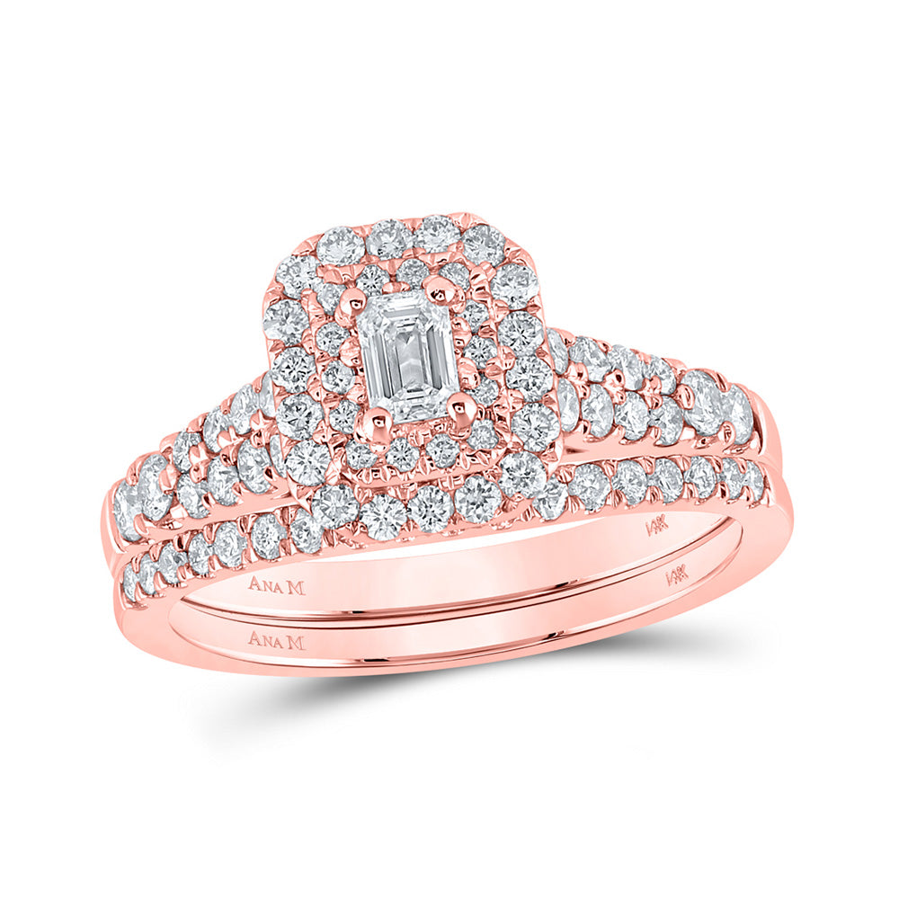 14K Rose Or Yellow Gold Emerald Diamond Halo Bridal Wedding Ring Band Set , Womens Size: 5-10