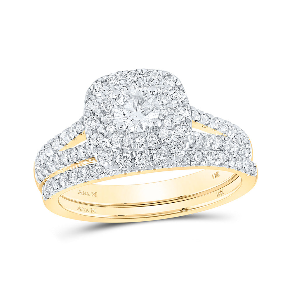 14K Yellow Gold Round Diamond Halo Bridal Wedding Ring Band Set 1 Cttw, Womens Size: 5-10
