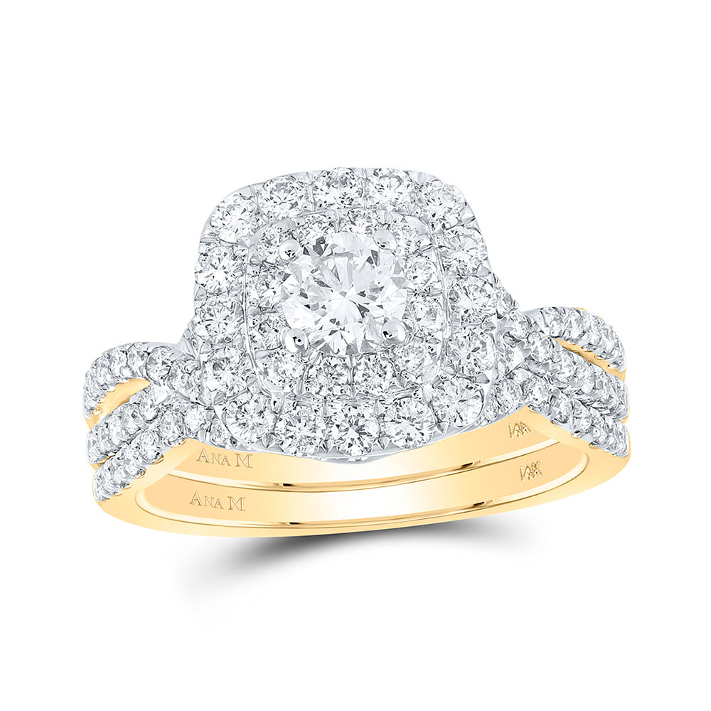 14K Yellow Gold Round Diamond Halo Bridal Wedding Ring Band Set 1-1/2 Cttw, Womens Size: 5-10